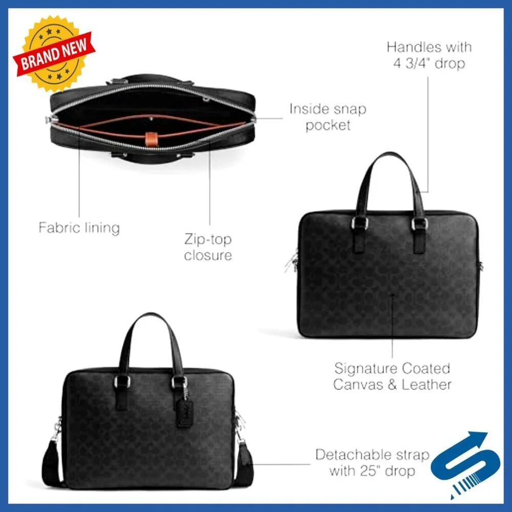 Coated Canvas Briefcase with Laptop Compartment Detachable Strap